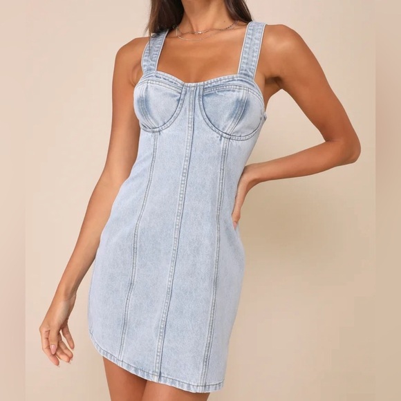 Lulu Stylish Daze Light Wash Denim Sleeveless Bustier Mini Dress in Sz L NWT - Picture 1 of 8